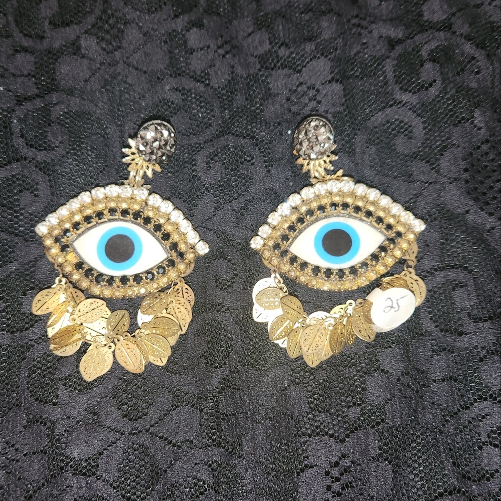 Hamsa / Eye of Fatima earrings , gold , blue , white